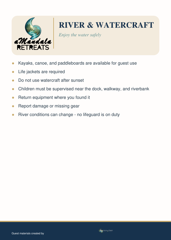 aMandala Retreat river and watercraft instruction card