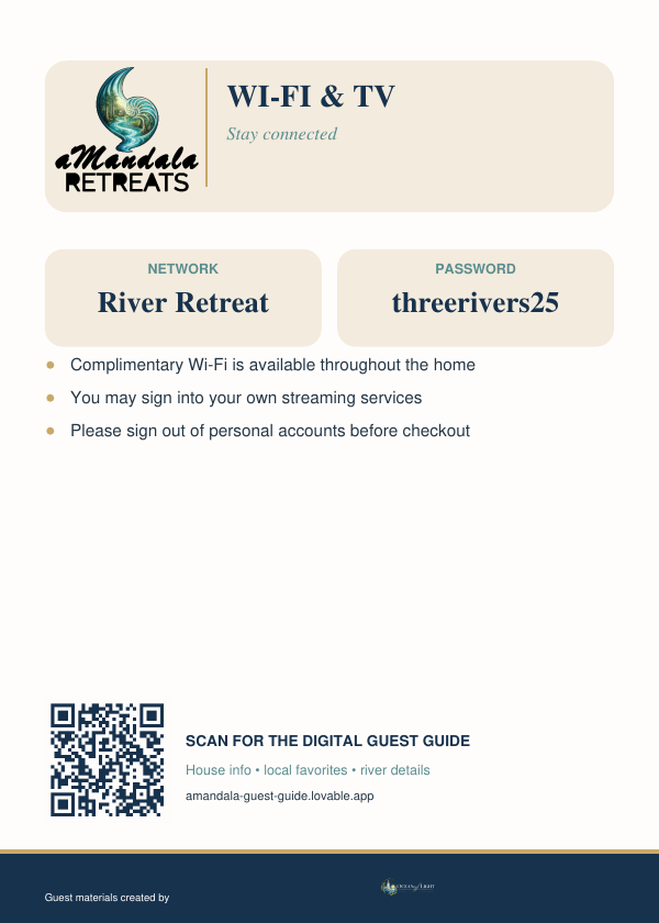 aMandala Retreat Wi-Fi and TV instruction card